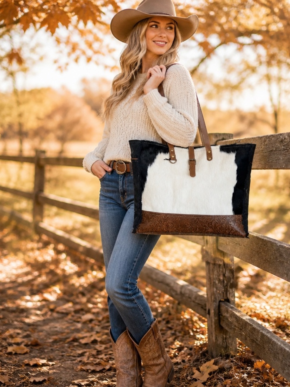 New Myra Western Cowhide Weekender Bag Leather Duffel Travel Carry-On Boho